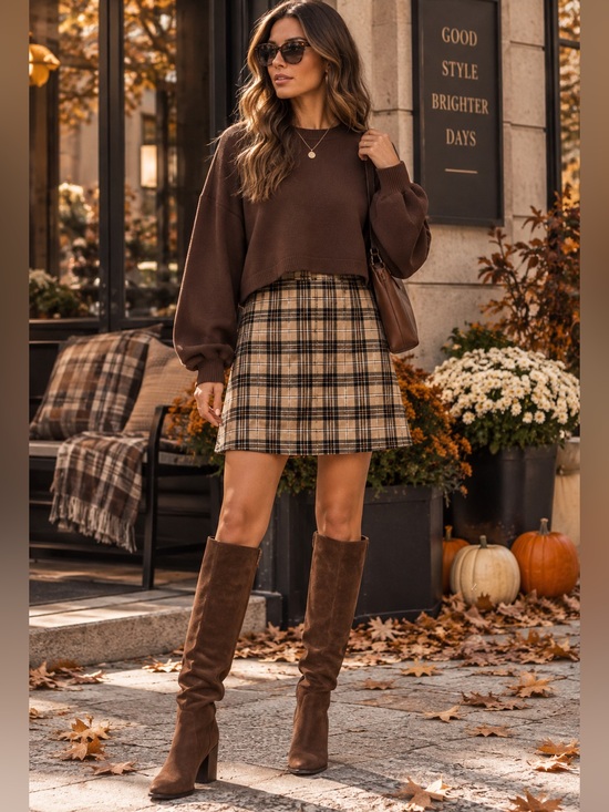 ShopEvelynne Dresses & Skirts - Plaid A-Line Mini Dress in Beige and Black